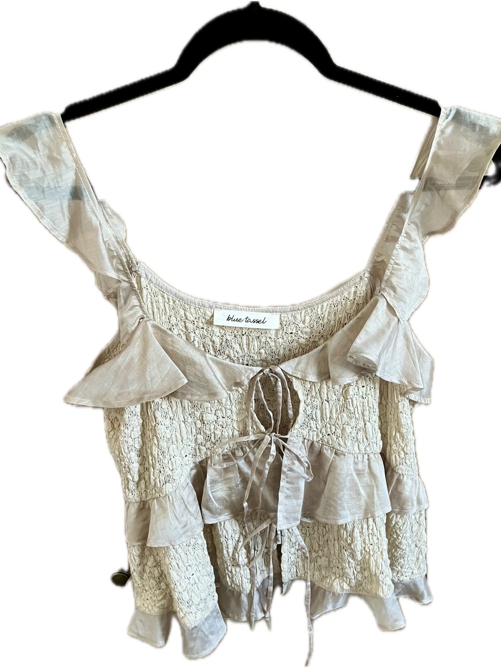 Blue Tassel Lace & Silk Cream Ruffle Tie-Front Camisole